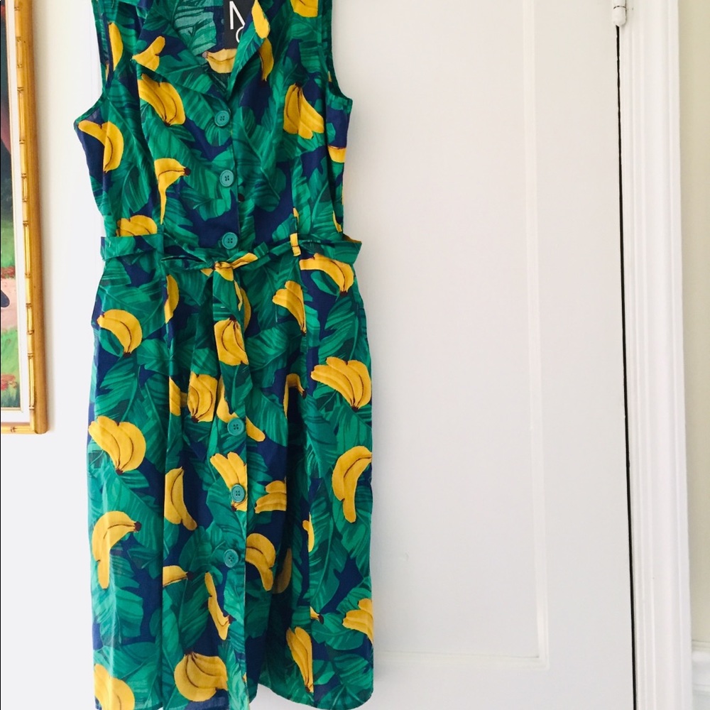 Mlle Gabrielle Banana Print Chemise Dress Tropical Resort Vacation